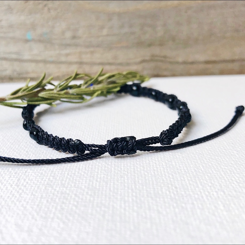 Blue Turkish Evil Eye Black Nylon Beaded Bracelet - Picture 2 of 3